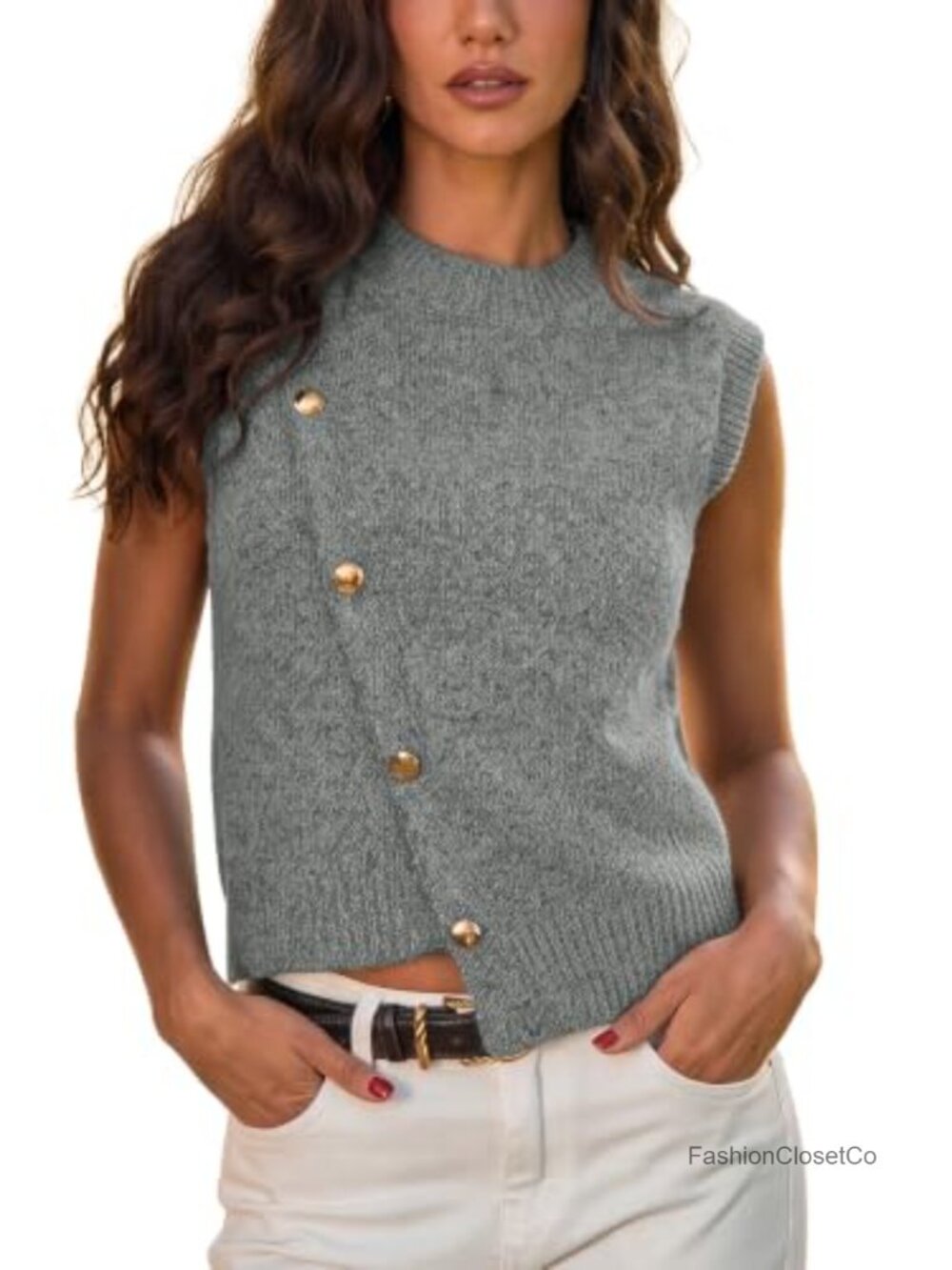 Sleeveless Knit Sweater Vest with Gold Buttons Asymmetrical Hem